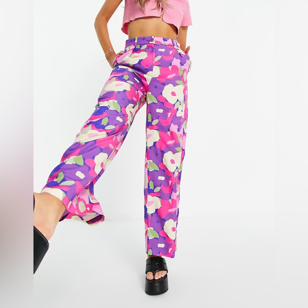 Monki Wide-Leg Floral Pants – Pink & Purple | Size US 2